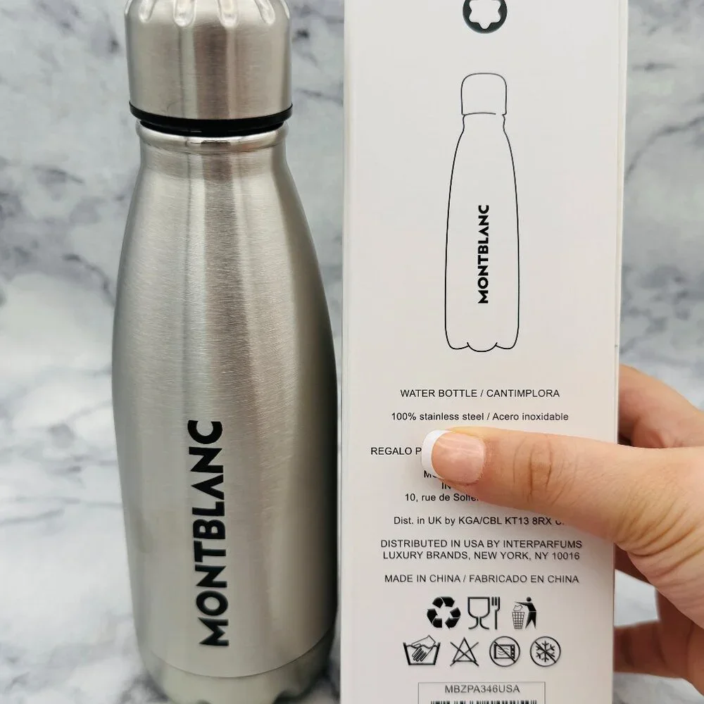 Montblanc Stainless Steel Travel Water Bottle, Silver Logo, Screw Lid,Boxed -NEW
